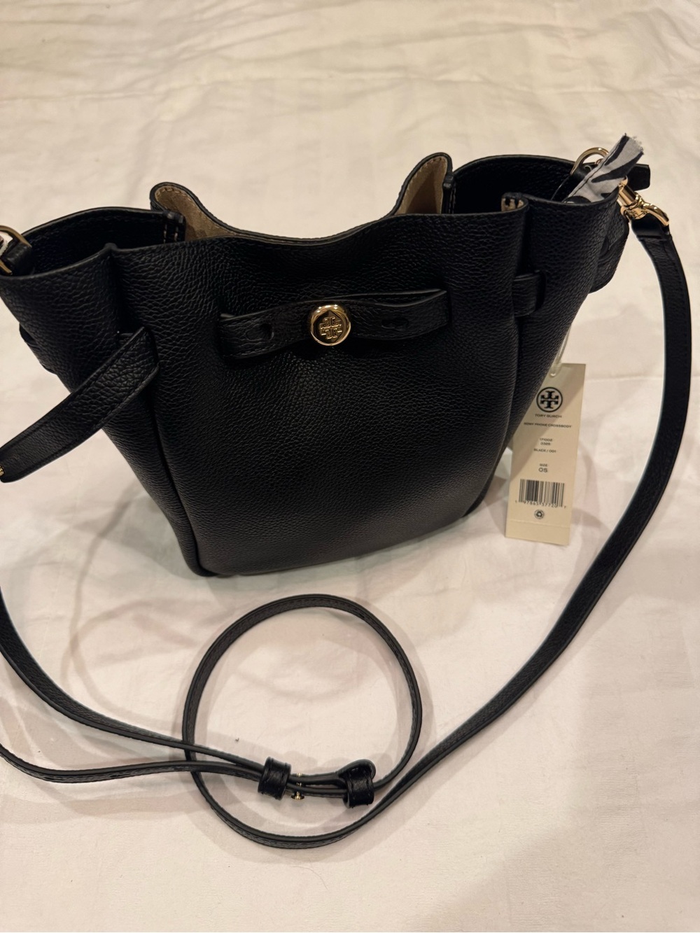 Tory Burch Black Pebbled Leather Mini Bucket Crossbody with Gold Logo NWT